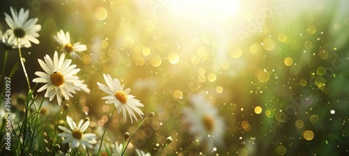 Beautiful spring meadow with white daisies  sun rays and blurred background. Nature landscape with wild flowers in sunny day. Background banner for design  banner with copy space.