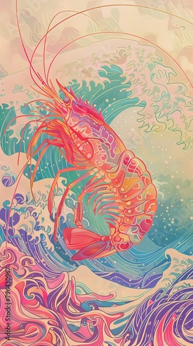 Whimsical drawing of a shrimp with exaggerated features  striking a heroic pose with a backdrop of pastel waves  no grunge  no dust  4k