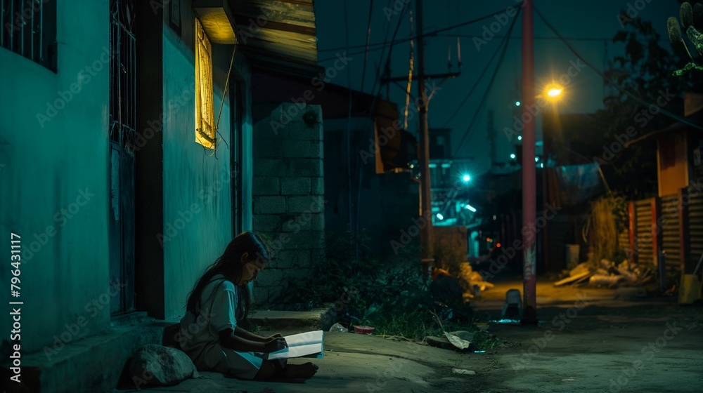 A young girl doing her homework under a streetlamp in a poor neighborhood.