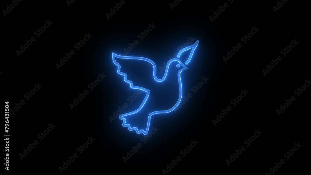 Dove icon glowing neon blue color animation black background Dove icon glowing neon blue color animation black background