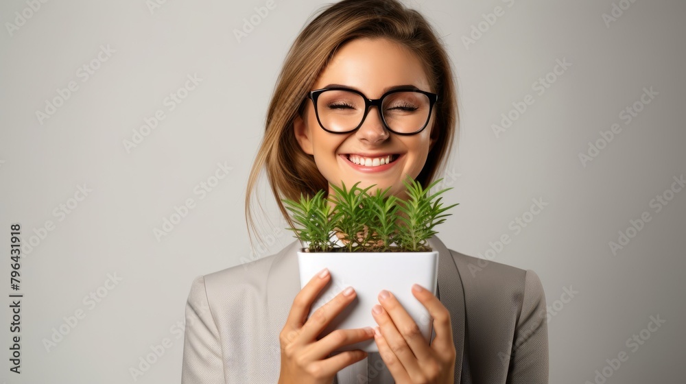 b'A young woman holding a small plant in her hands and smiling' b'A young woman holding a small plant in her hands and smiling'