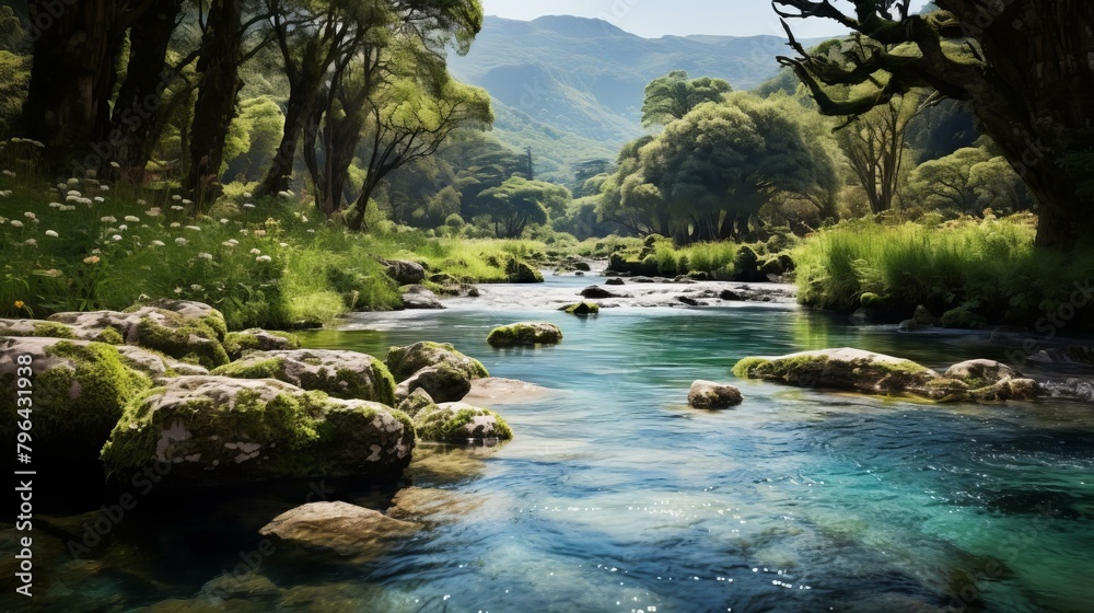 b'A beautiful landscape of a river flowing through a forest' b'A beautiful landscape of a river flowing through a forest'