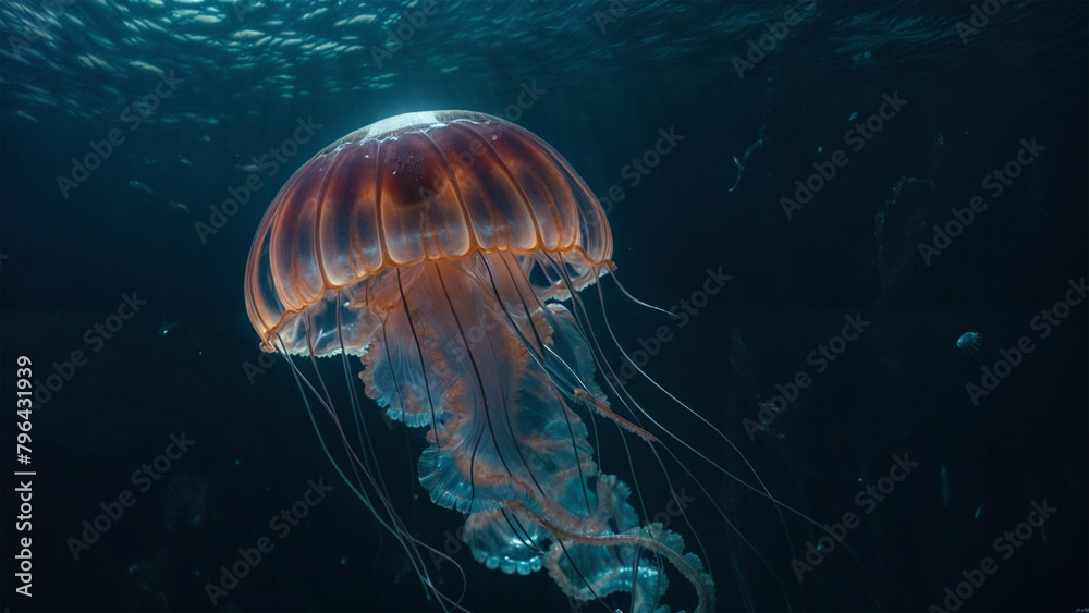Naklejka premium A jellyfish swims in the deep blue ocean, illuminated by a beam of light from above
