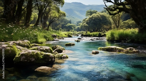 b'A beautiful landscape of a river flowing through a forest'