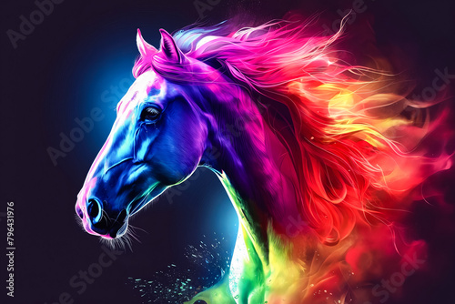 Colorful horse with its mane on fire.