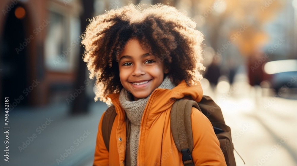 b'portrait of a smiling African-American school boy with a backpack' b'portrait of a smiling African-American school boy with a backpack'