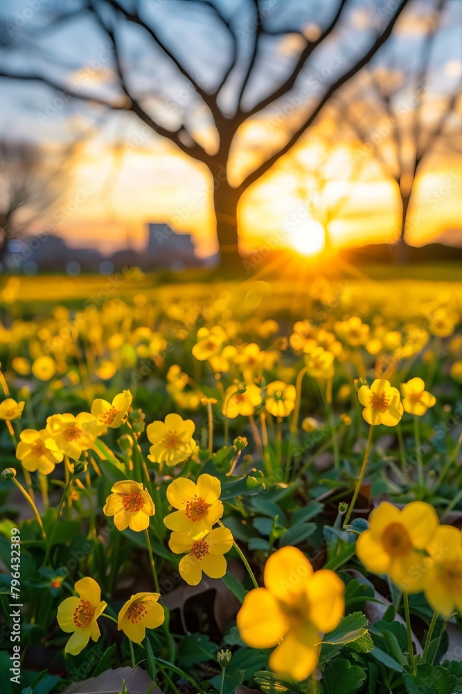 The ground is covered with yellow flowers, and the sky in front has a beautiful sunrise. The ground is covered with yellow flowers, and the sky in front has a beautiful sunrise.
