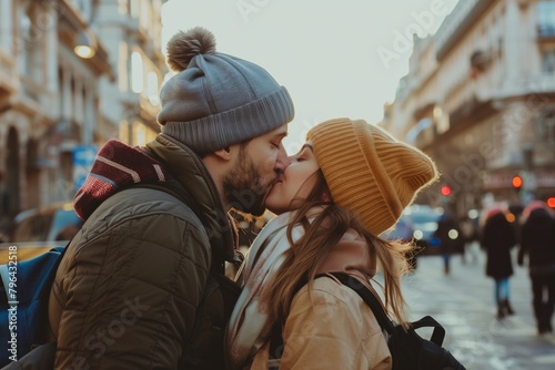 Couple of lovers kissing on city street - Two tourists enjoying romantic vacation together - Boyfriend and girlfriend dating outside - Love, tourism and life style concept © Ace64 Studio