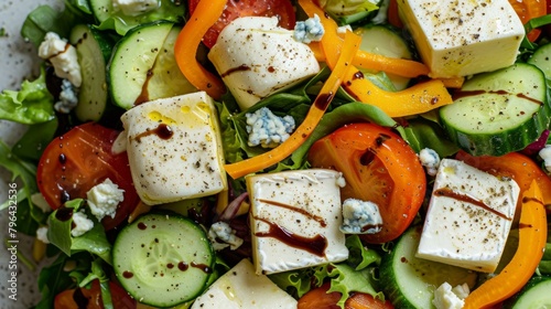 b'Halloumi salad with cucumber, tomato and bell pepper'