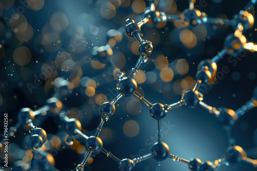 blue abstract carbon-based molecule structure, organic chemical formula background photo
