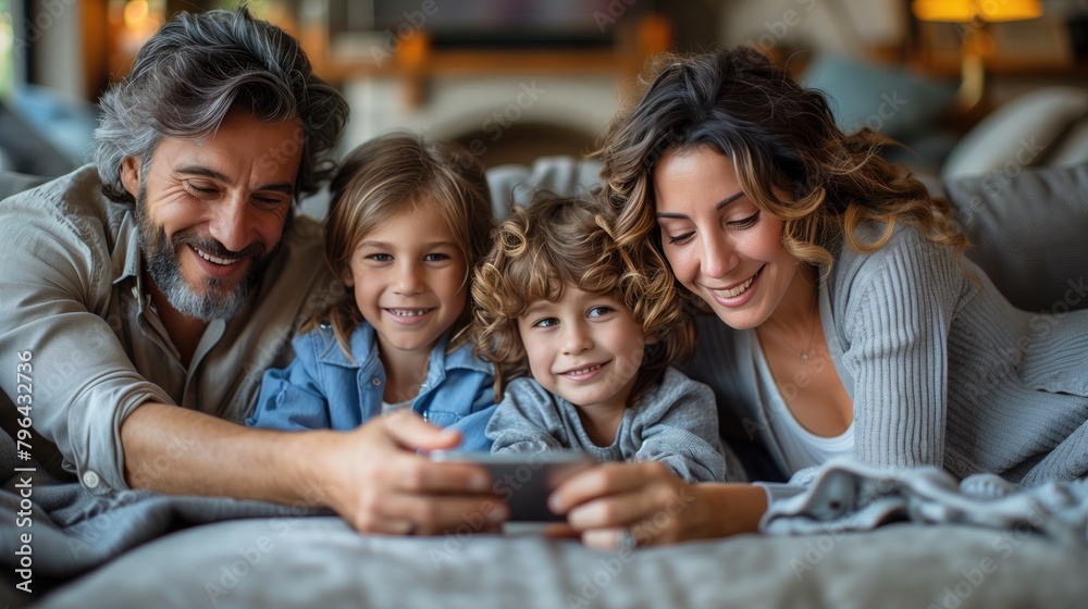 Fototapeta premium A family gathers around a smartphone, eagerly anticipating the arrival of their online shopping order, highlighting the convenience and accessibility of mobile shopping apps