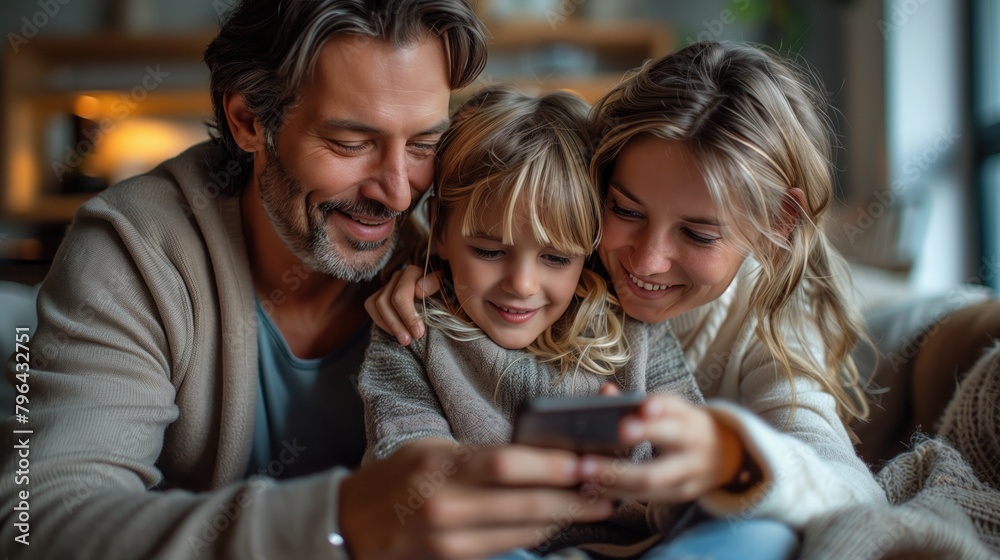 Fototapeta premium A family gathers around a smartphone, eagerly anticipating the arrival of their online shopping order, highlighting the convenience and accessibility of mobile shopping apps