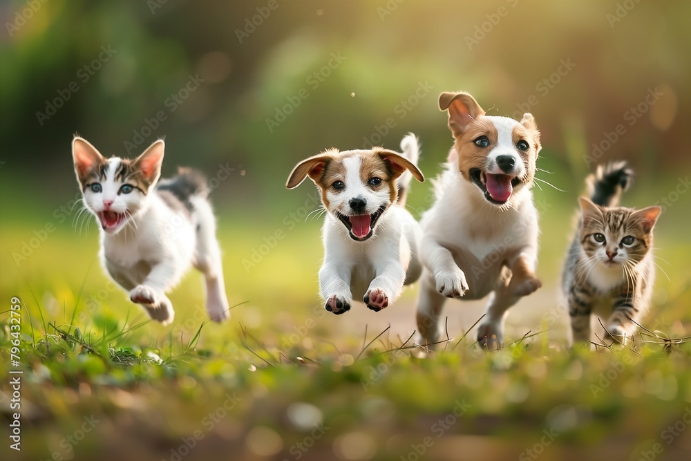 Cute funny dog and cat group jumps and running and happily a field blurred background