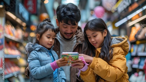 A family gathers around a smartphone  eagerly anticipating the arrival of their online shopping order  highlighting the convenience and accessibility of mobile shopping apps
