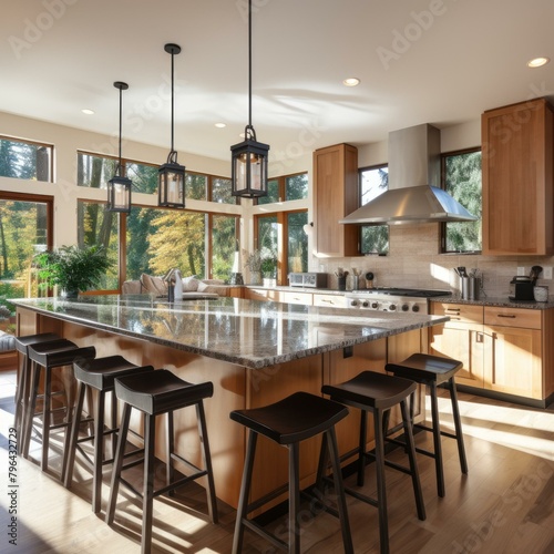 b Modern kitchen with large island and wood cabinets 