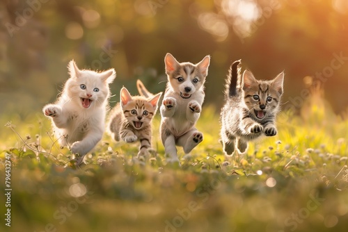 Cute funny dog and cat group jumps and running and happily a field blurred background © Ace64 Studio