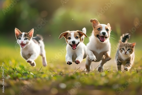 Cute funny dog and cat group jumps and running and happily a field blurred background © Ace64 Studio