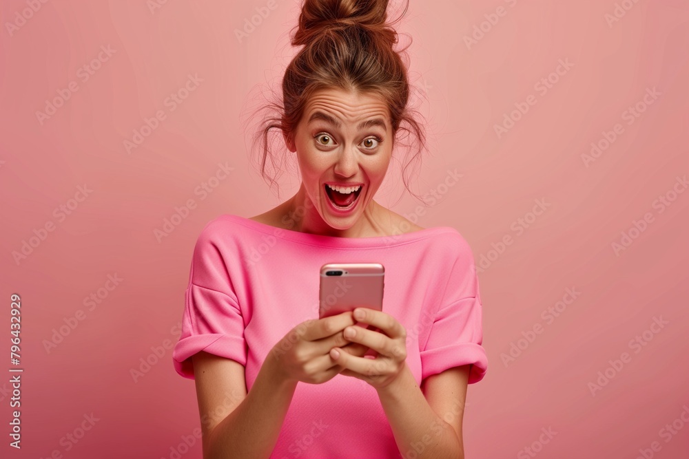 Beautiful woman looks at mobile phone with happiness and surprised open mouthed expression as she wins prize, earns money, sees unbelievable post on social media, watches shocking video, or finds deal Beautiful woman looks at mobile phone with happiness and surprised open mouthed expression as she wins prize, earns money, sees unbelievable post on social media, watches shocking video, or finds deal