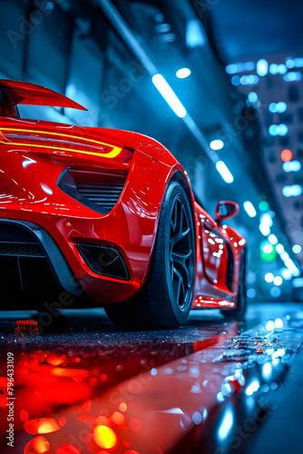 Red sports car in the rain.
