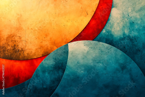 Abstract art with blue, orange and red circle.