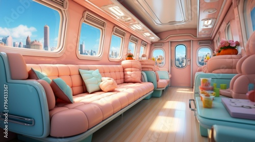 b'A pink and blue retro futuristic train interior with large windows' photo