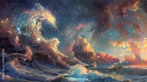 Cosmic waves crashing against crystalline geometry, painting the sky. photo