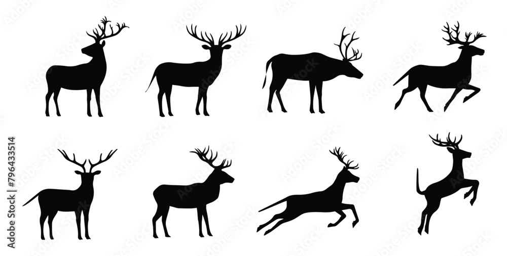 silhouette of deer, collection.  Set of black silhouettes of reindeer. A set of elk silhouette isolated on white background