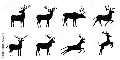 silhouette of deer  collection.  Set of black silhouettes of reindeer. A set of elk silhouette isolated on white background