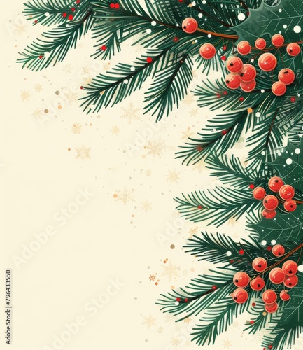 b'Christmas background with fir branches, holly berries and snowflakes' © Adobe Contributor