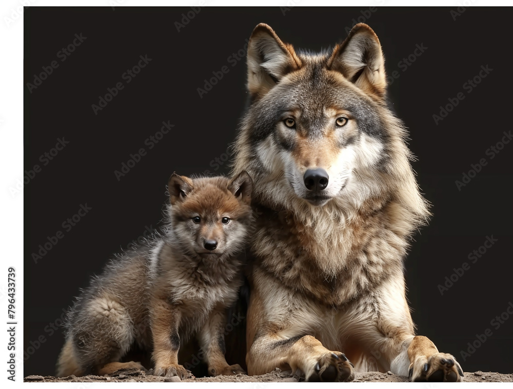 A majestic adult wolf and its cub posing together on a dark background, showcasing their striking features and natural beauty.