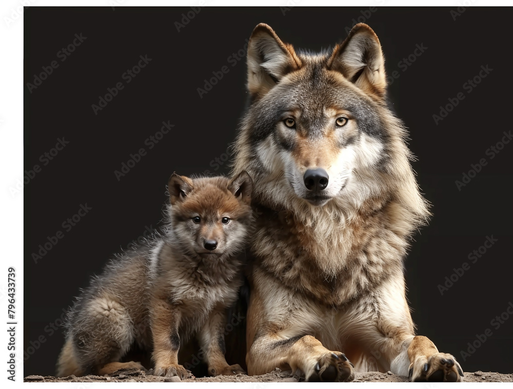 Fototapeta premium A majestic adult wolf and its cub posing together on a dark background, showcasing their striking features and natural beauty.