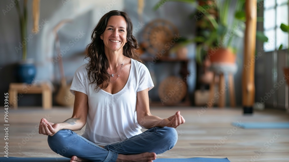 Confident smile middle aged woman sitting at the floor in yoga studio, lotus position