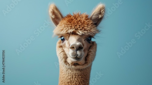 A fluffy brown alpaca looking at the camera with a curious expression on its face photo