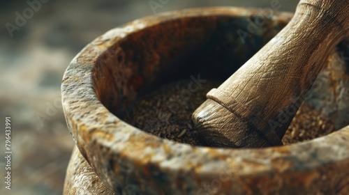 A wooden pestle placed inside a mortar, ready for use. Ideal for culinary or herbal concepts