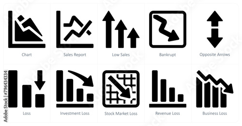 A set of 10 Diagrams and Reports icons as chart, sales report, low sales