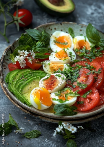 b'Healthy and tasty breakfast with avocado, boiled eggs and tomatoes' photo