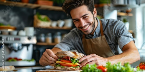 Smiling young man making sandwich in kitchen