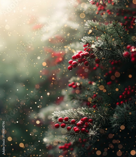 b'Christmas tree with red berries and snow' © Adobe Contributor