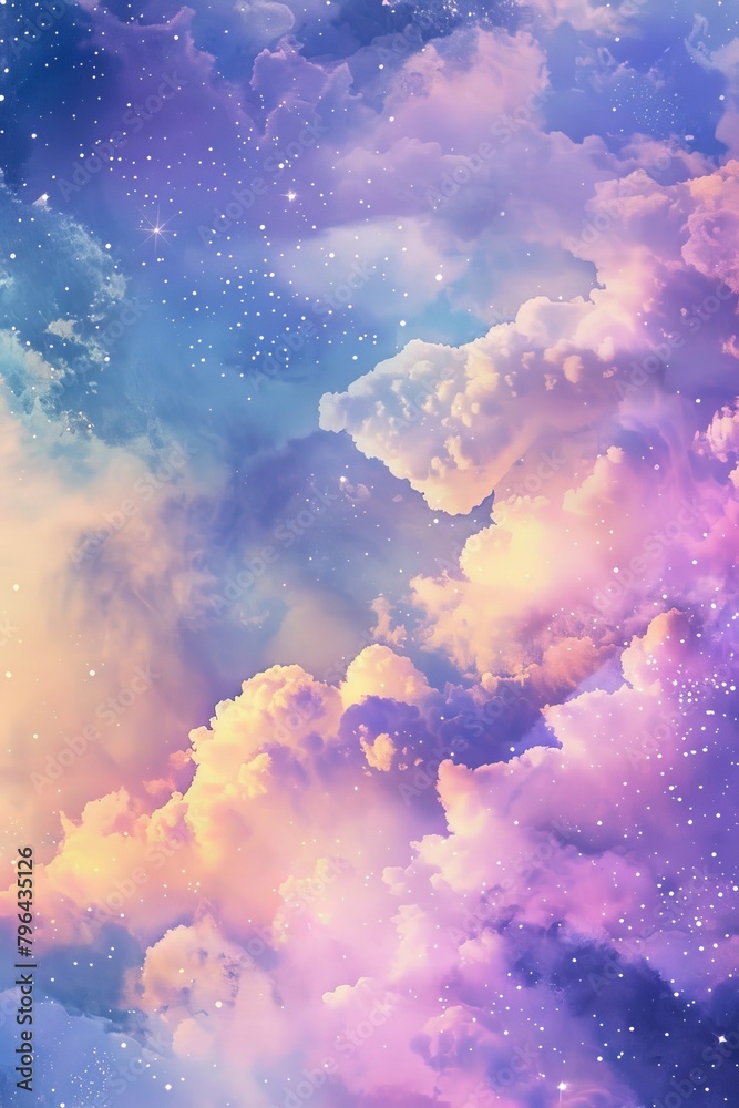 watercolor pastel purple and pastel yellow clouds and starry sky texture, painting style 