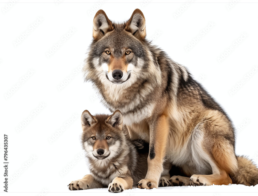 Fototapeta premium A mature wolf and a young wolf pup sitting together, isolated on a white background.