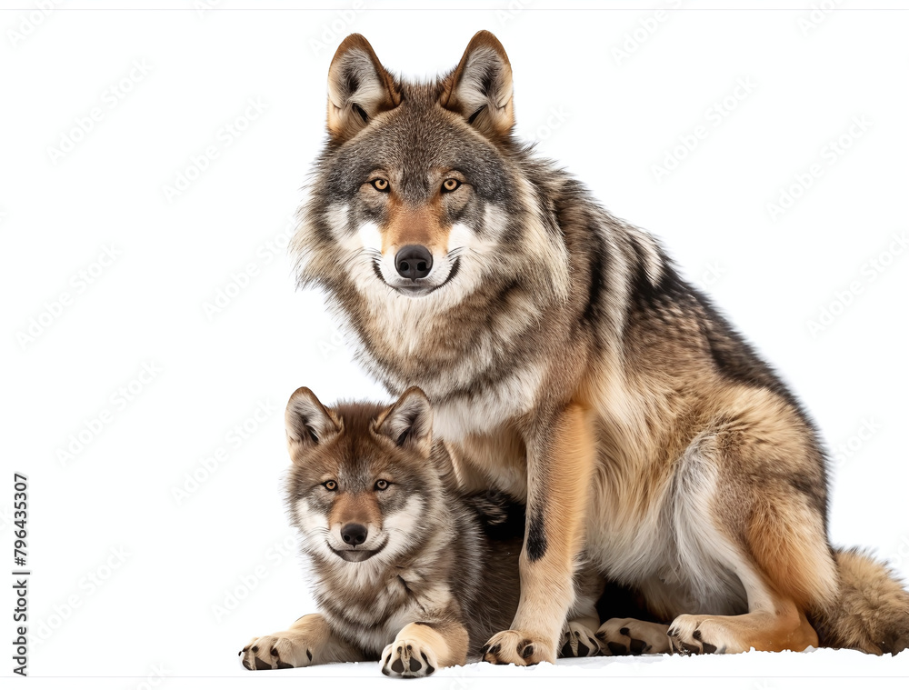 A mature wolf and a young wolf pup sitting together, isolated on a white background.