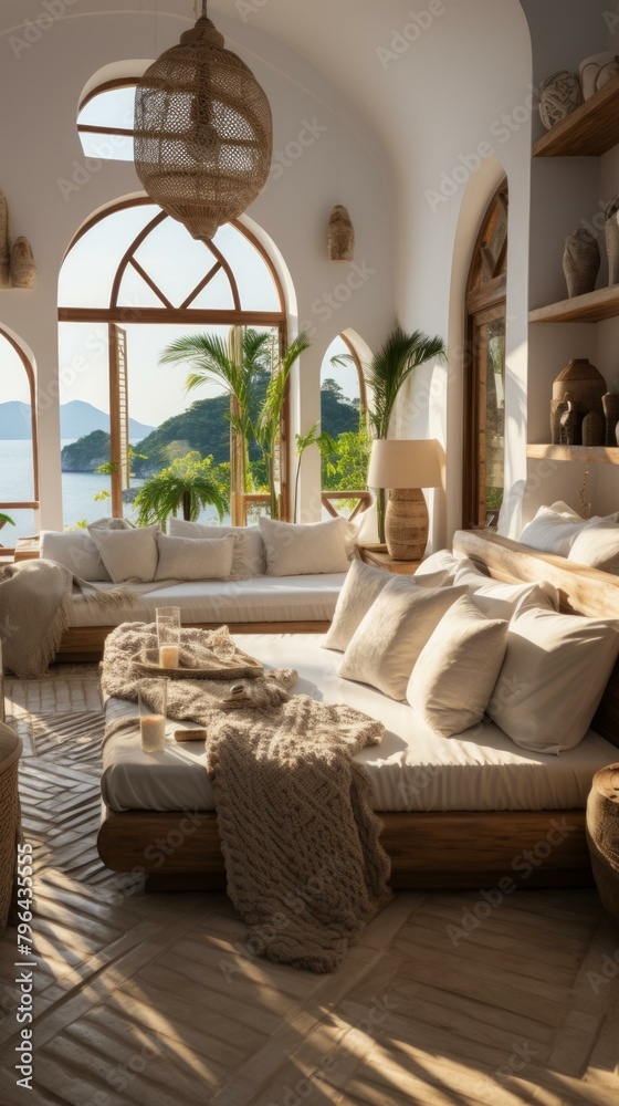 b'Modern coastal living room with large windows and ocean view'