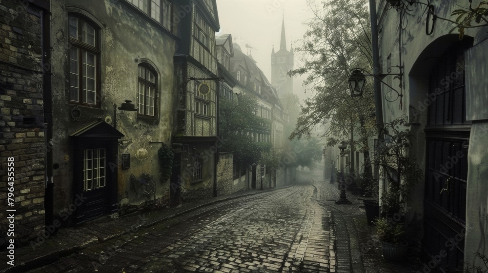 The rain has left a misty veil over the cobblestone streets adding an air of mystery and enchantment to the already charming European . AI generation.