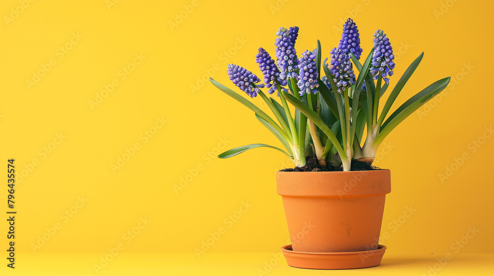 Pot with blooming grape hyacinth plant Muscari 