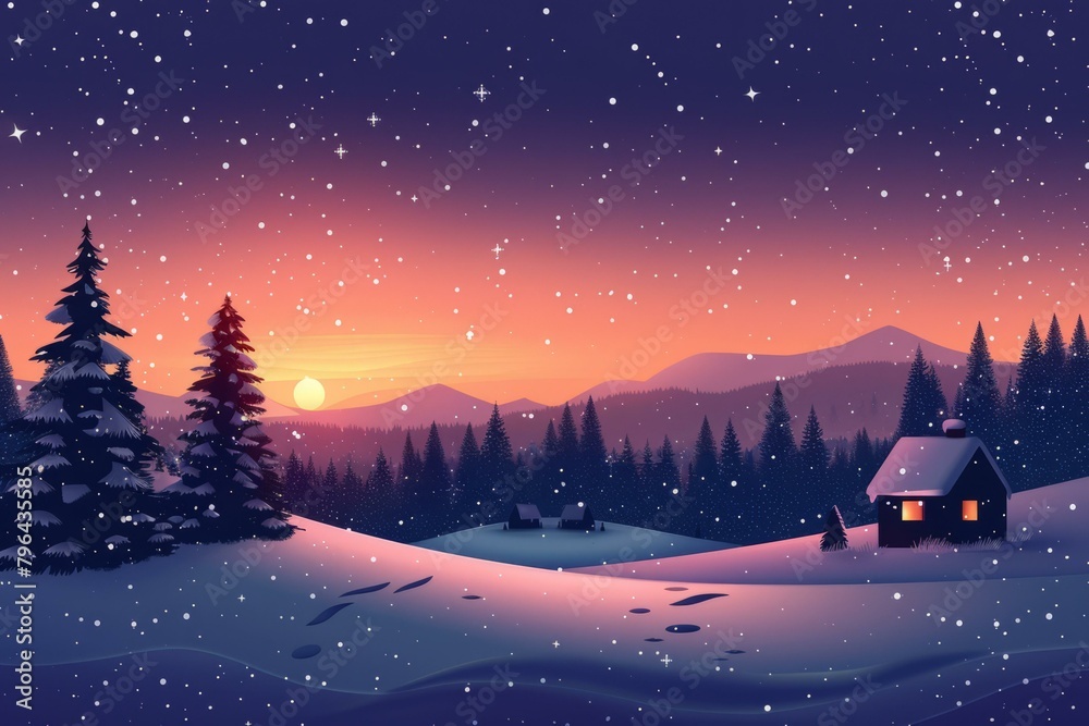 b'A Snowy Landscape with a Cabin in the Woods'
