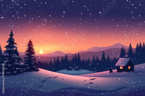 b'A Snowy Landscape with a Cabin in the Woods'