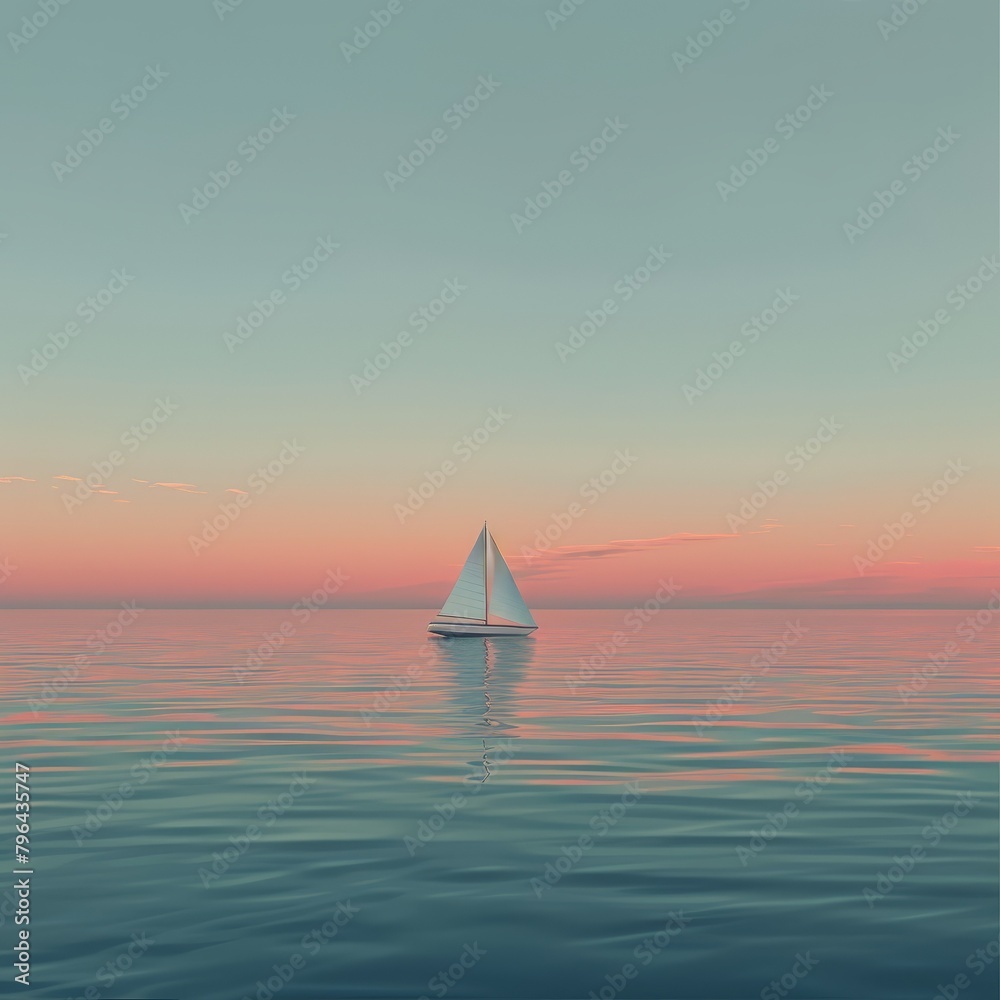 A lonely sailboat on a calm sea at sunset.