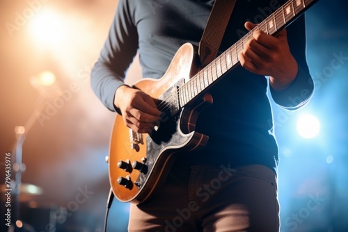 b'Close-up of an unrecognizable male guitarist playing the guitar on the stage during the concert' photo
