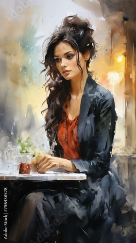 b'An illustration of a beautiful woman sitting at a table and drinking tea'