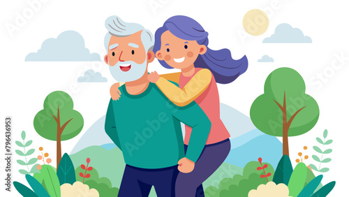 woman man outdoor senior couple happy lifestyle retirement together smiling love piggyback active mature, simplistic flat vector illustration, white background, isolated